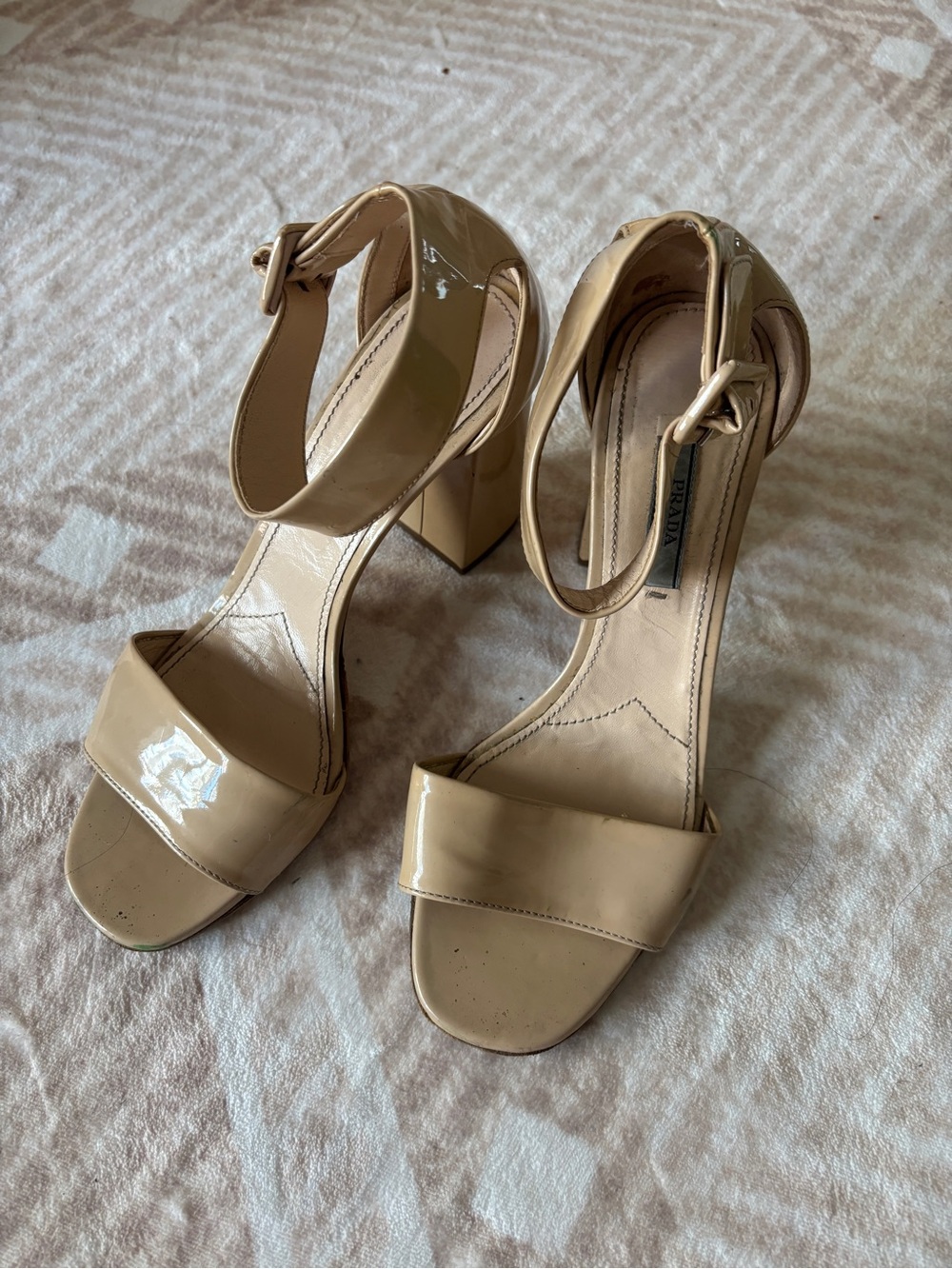 Prada Nude Patent Block Heel Sandals with Ankle Strap